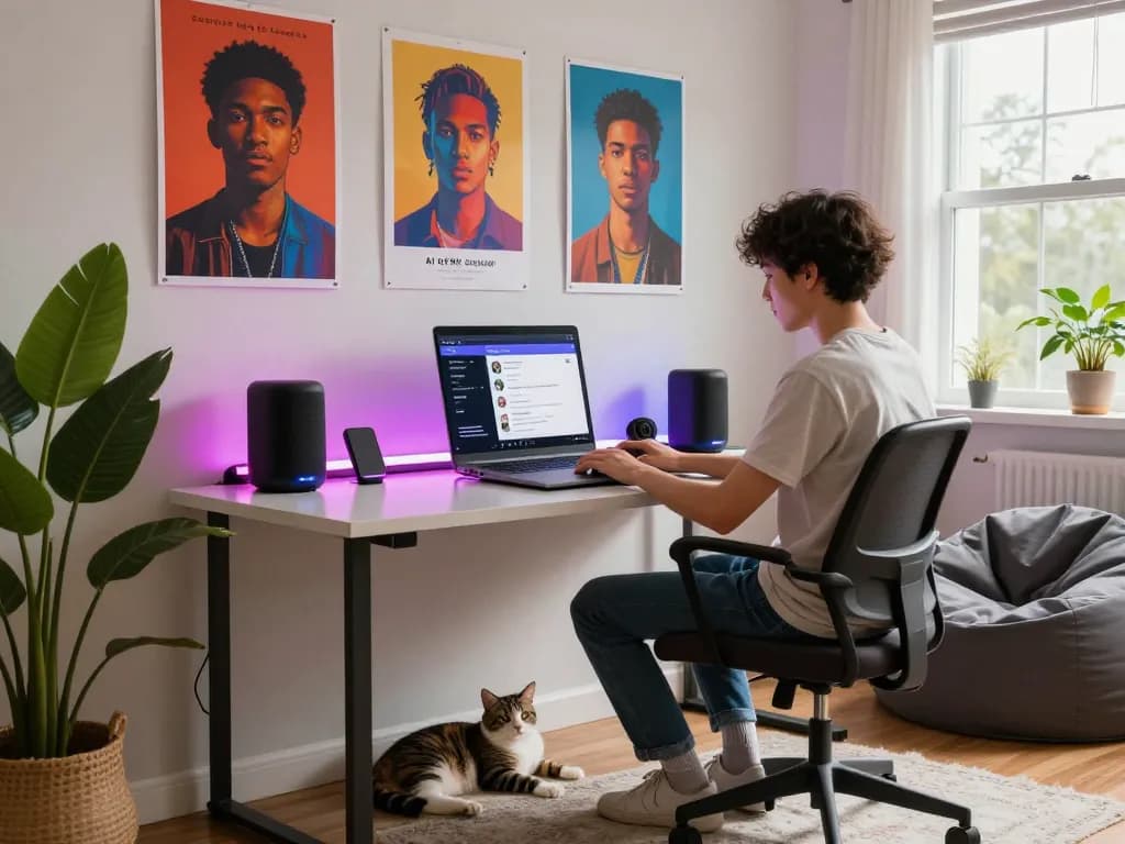 Engaging workspace with a young person interacting with an ai nsfw chat, showcasing creativity and technology.