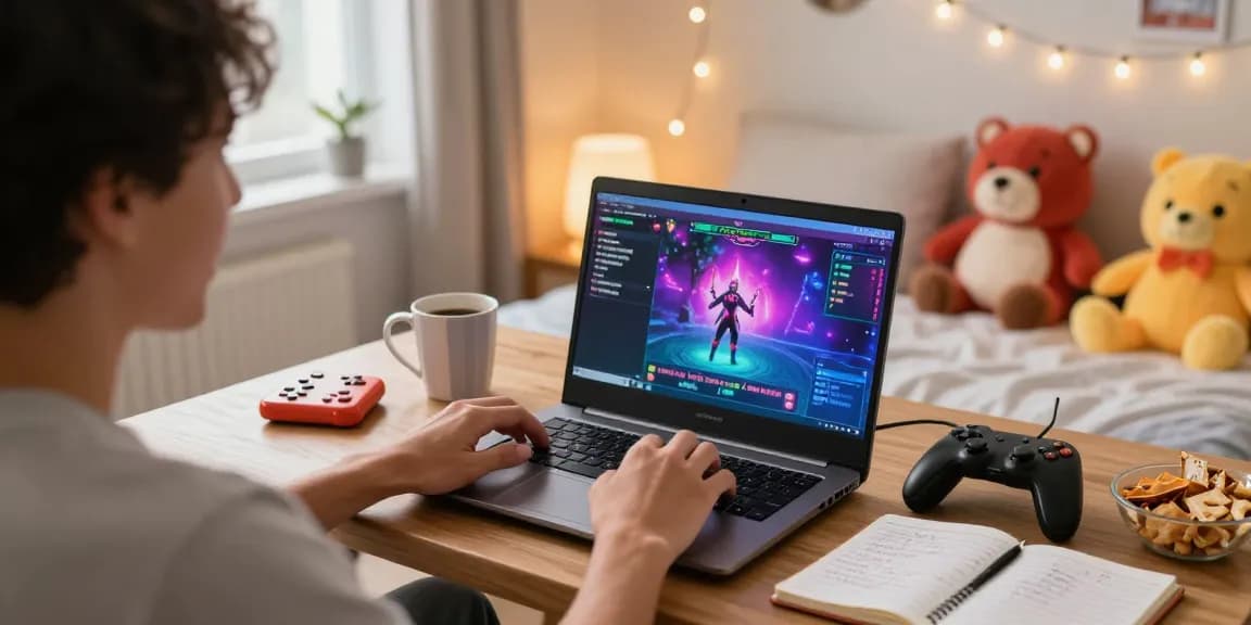 Engaged player enjoying html hentai games in a cozy room filled with colorful decor and snacks.
