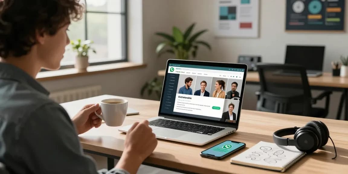 Engaging workspace featuring WhatsApp電腦版 on a laptop, showcasing a modern office atmosphere with creative elements.