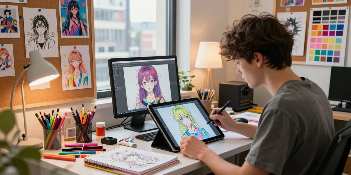 Creative digital artist designing ai ecchi illustrations in vibrant studio.