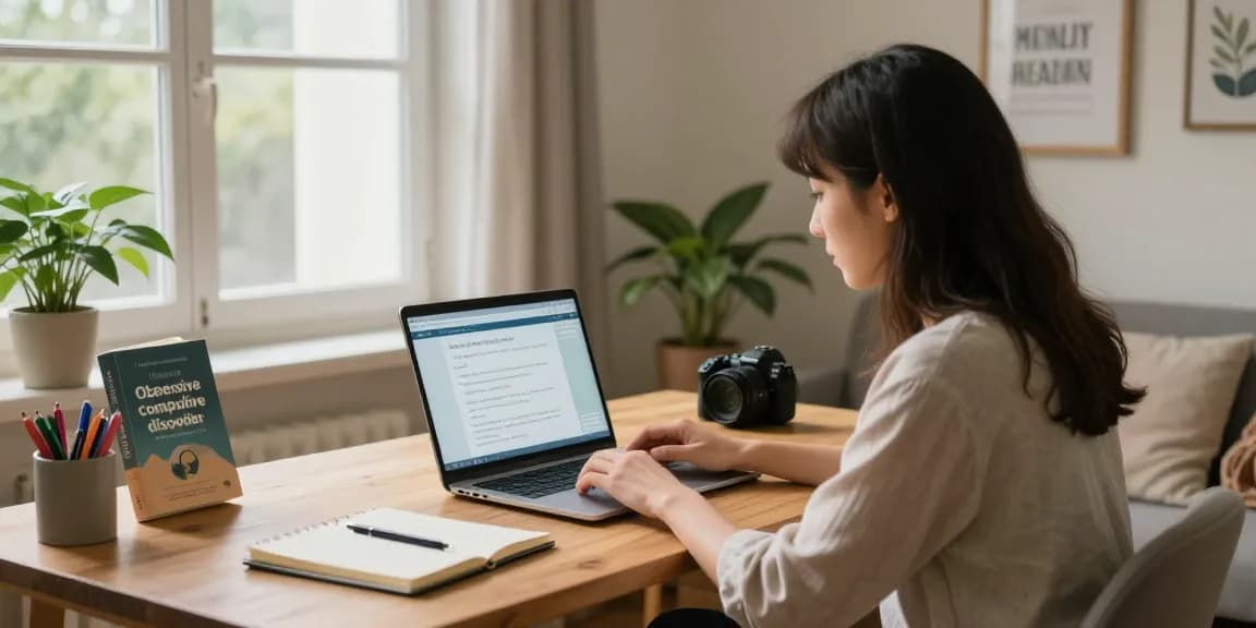 Engaged young adult taking an online ocd test in a cozy home office setting.