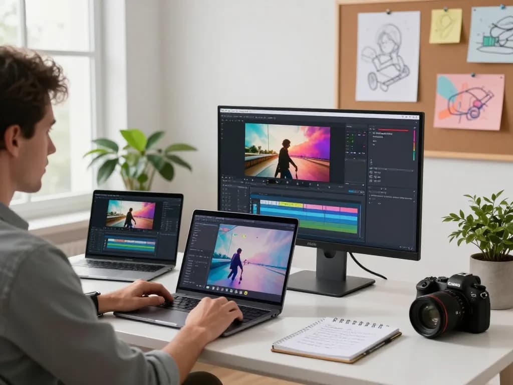 Professional workspace demonstrating motion ai technology in action with dynamic video editing and vibrant animations.
