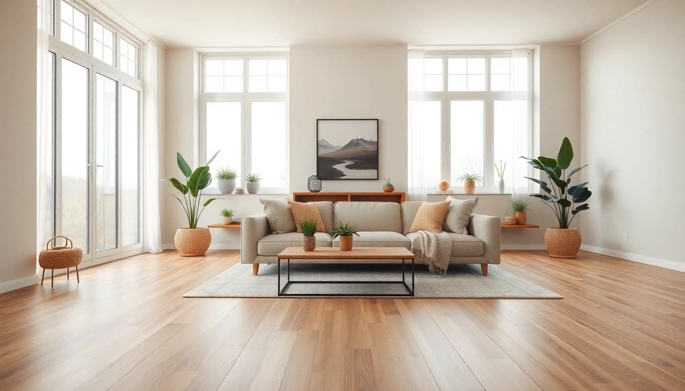 Stunning lvp floor enhances the aesthetic of a modern living room with natural sunlight.