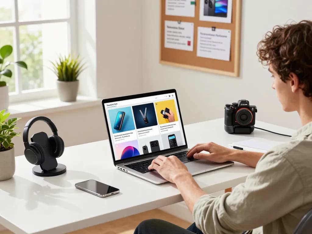 Exploring trending tech gadgets in a modern home office setting with vibrant decor and natural light.