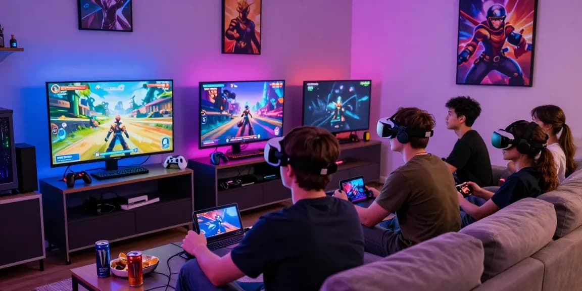 Friends enjoying NSFW games on a large screen in a vibrant gaming lounge with colorful lighting.