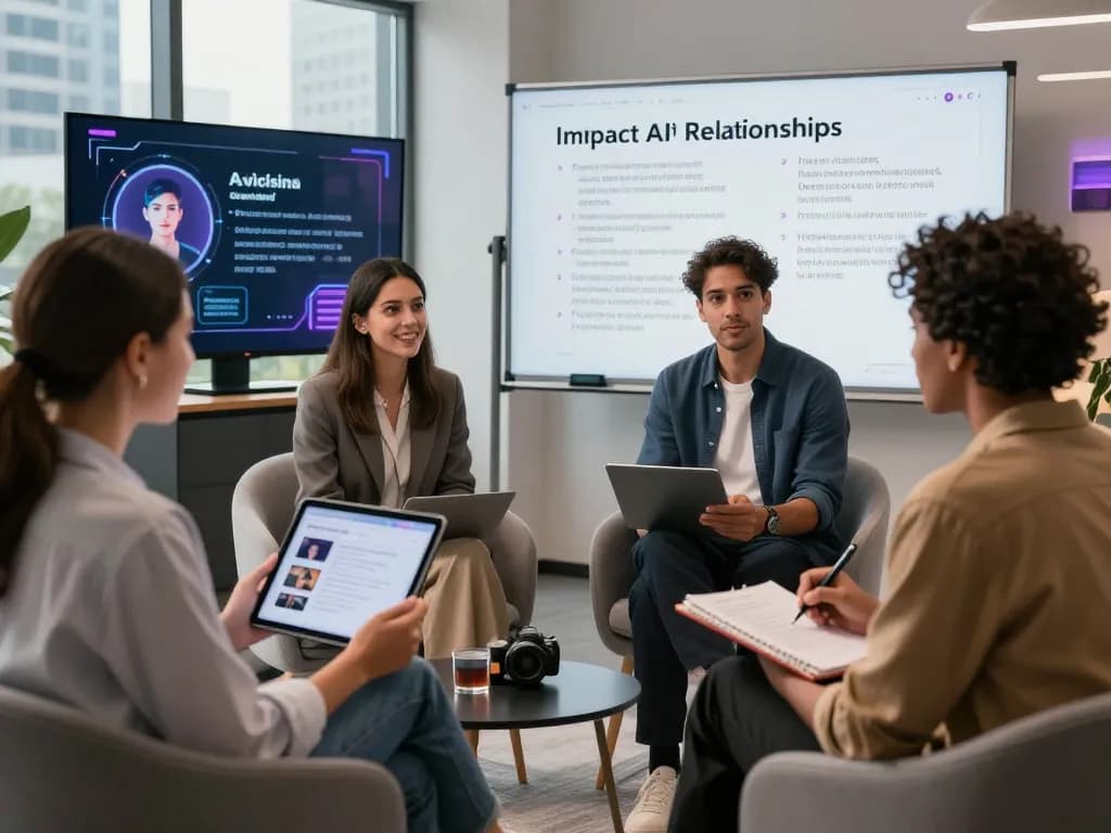 Individuals discussing sex AI ethics in a modern tech workspace, showcasing apps and insights.