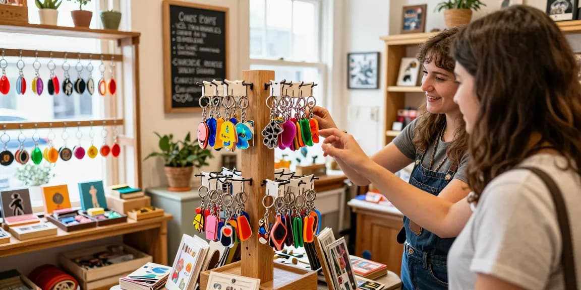 Customer exploring custom keychains in a vibrant retail shop