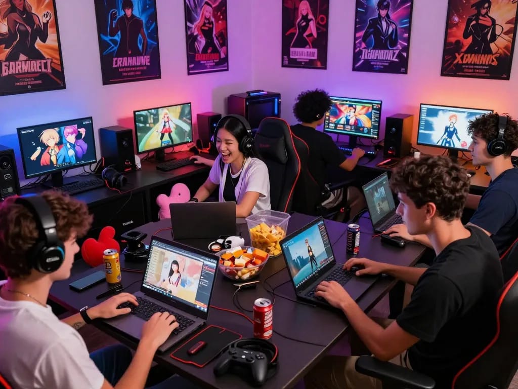 Engaged gamers enjoying various porn games online in a lively gaming setup.