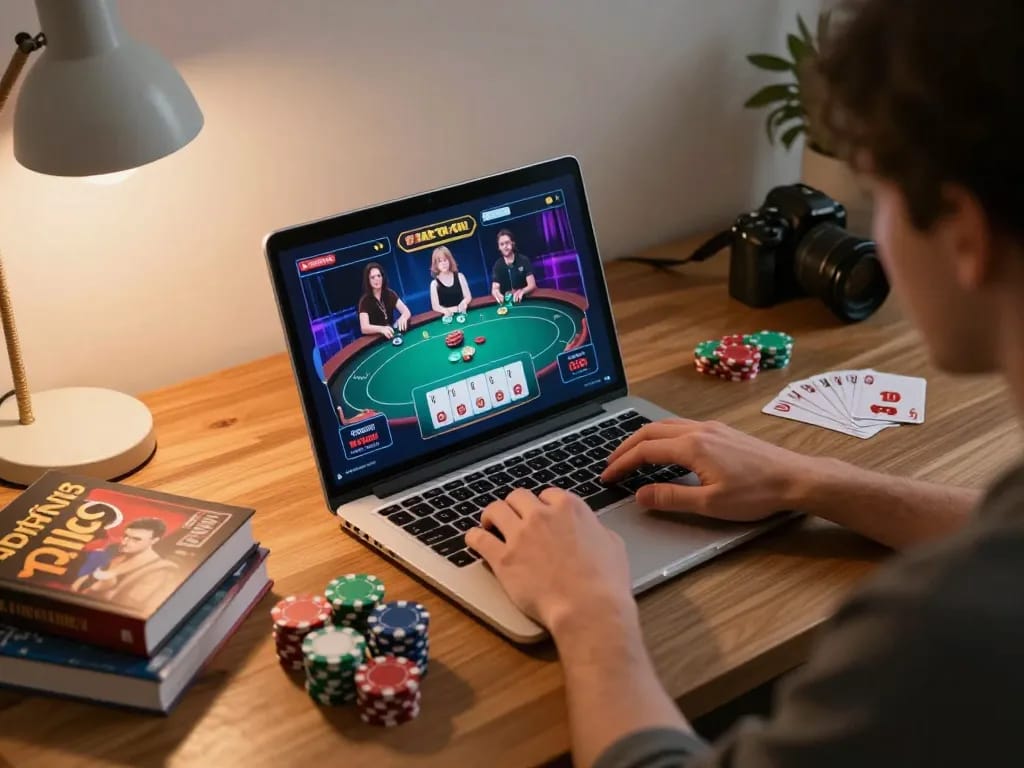 Engaging online game featuring 79king laptop setup with poker strategies and chips.