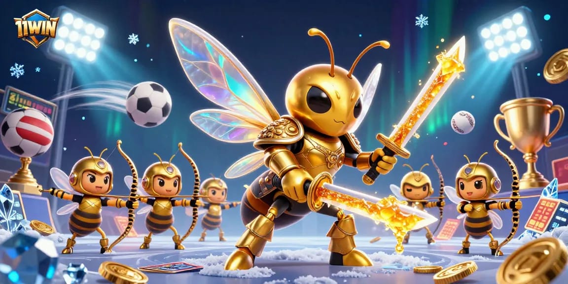 Experience thrilling action at 11WIN with a dynamic illustration featuring samurai hornet and sports elements.