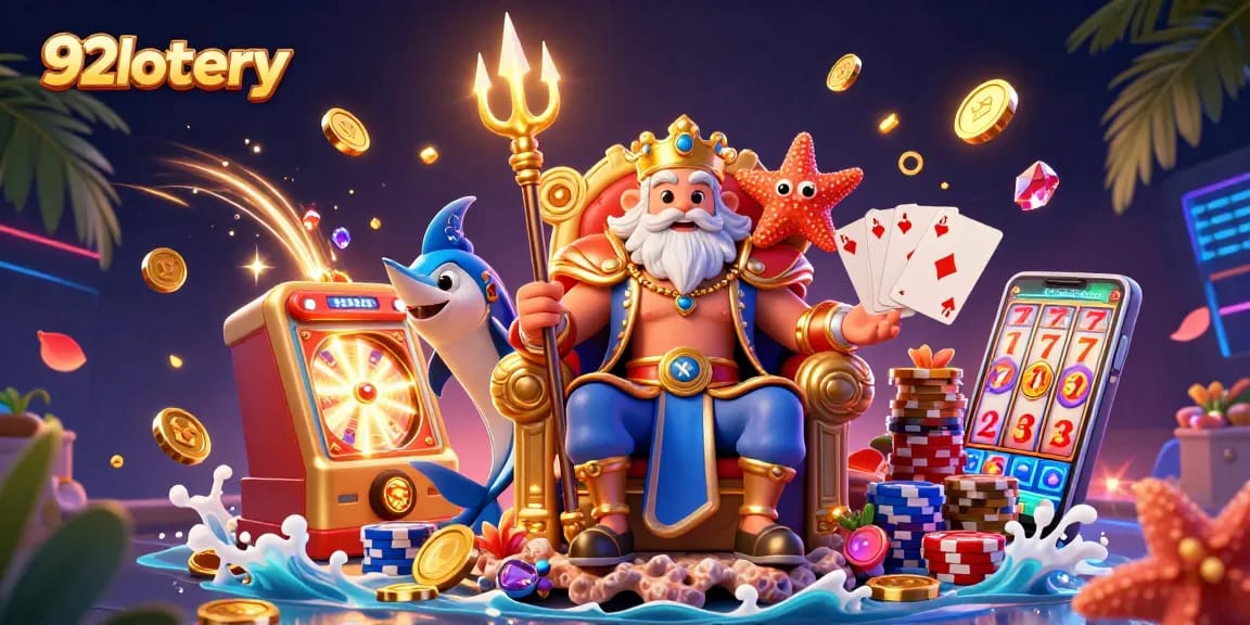Engage with 92lottery's vibrant lottery experience through colorful 3D illustration and dynamic elements.