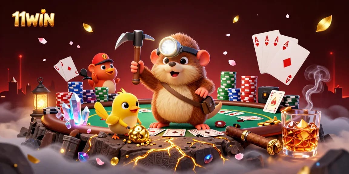 Engage with 11WIN's thrilling casino scene featuring a treasure hunter mole in a rich, dynamic environment.