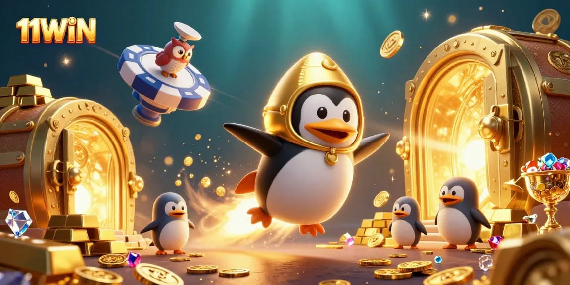 11WIN's golden penguin rocket blasts towards a poker chip space station amid treasures.