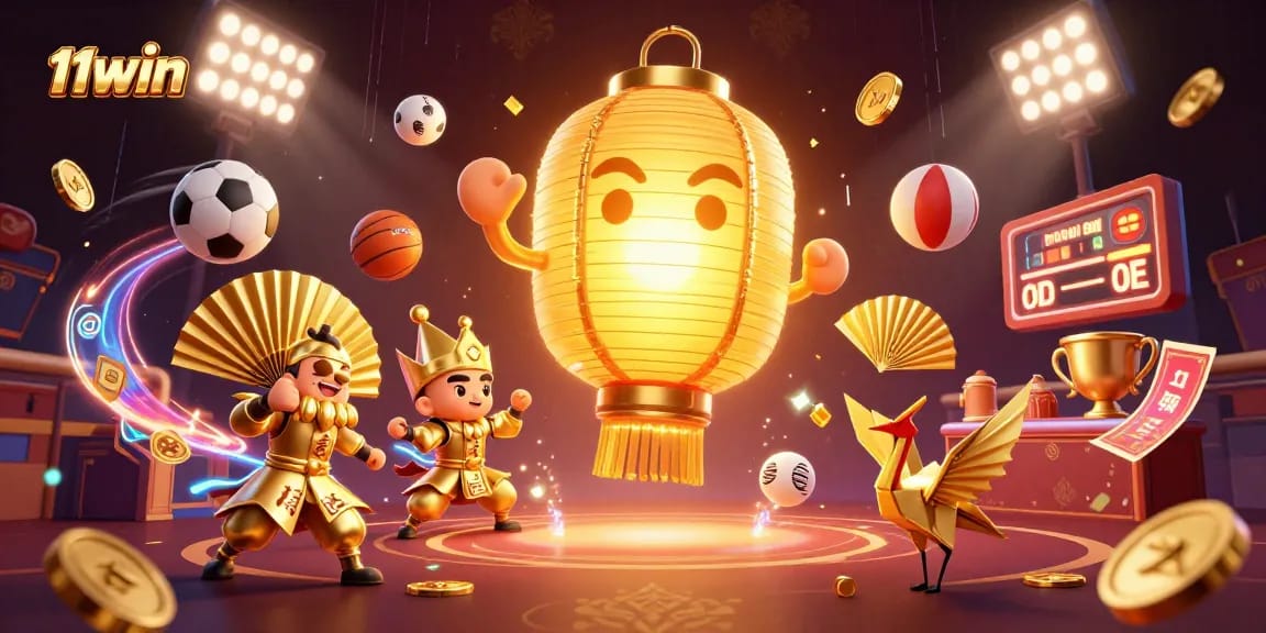 Engage with 11WIN's vibrant casino scene featuring lucky symbols, dynamic sports betting elements, and electric energy.