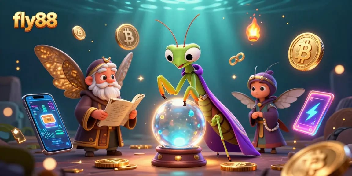Experience the world of fly88 with a fortune teller and mystic oracles amidst crypto gambling elements.