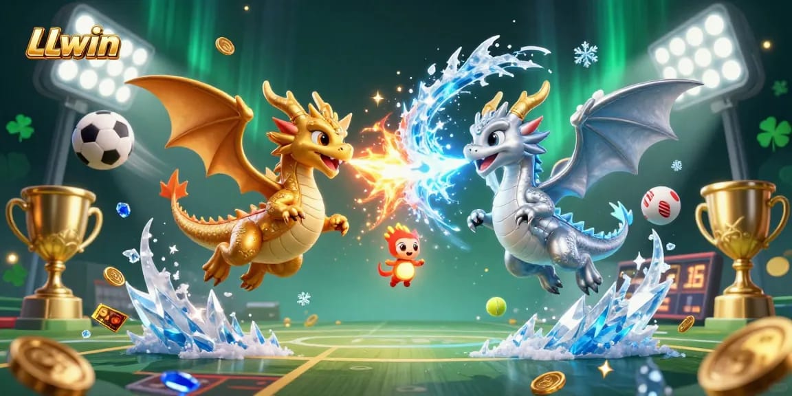 Experience LLwin's thrilling online gambling with dynamic dragons and sports elements in a vibrant illustration.