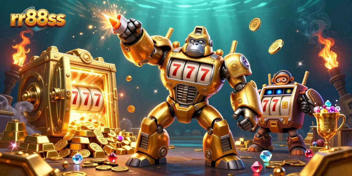 Play exciting games at rr88ss with a dynamic golden gorilla mech and treasures bursting from a vault.