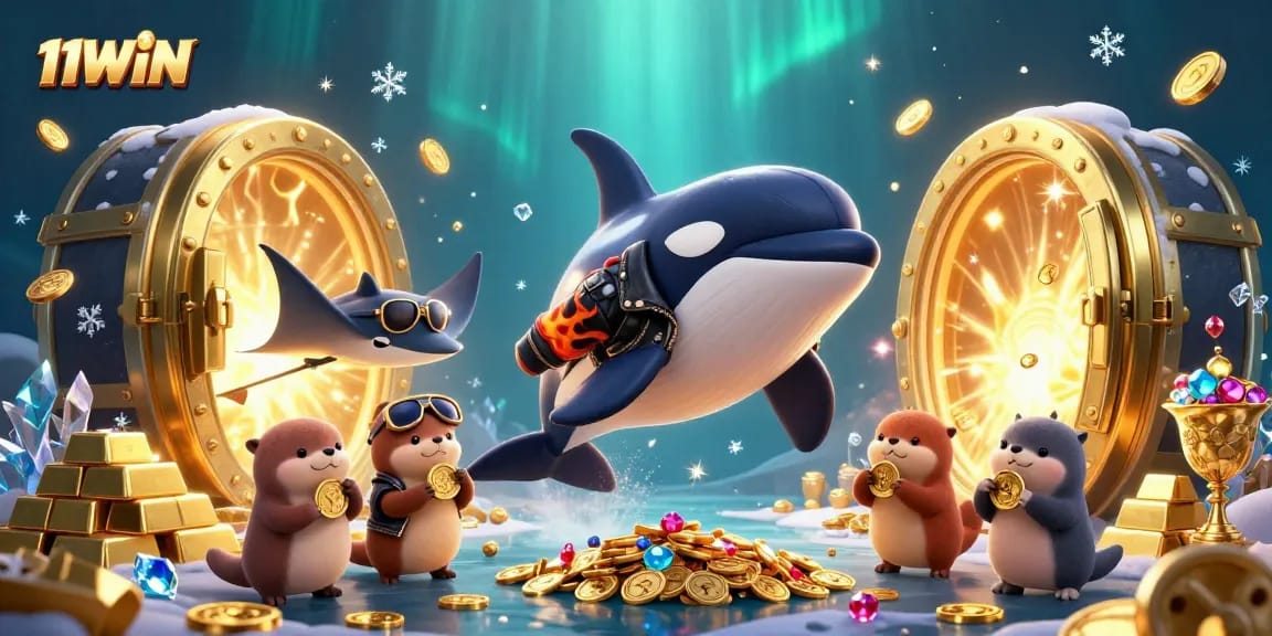Dive into 11WIN's vibrant underwater casino scene with orca, stingray, and sea otters amidst treasures.