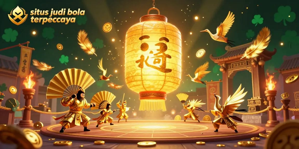 Experience thrilling moments at situs judi bola terpercaya with a golden lantern spirit above a dynamic casino scene.