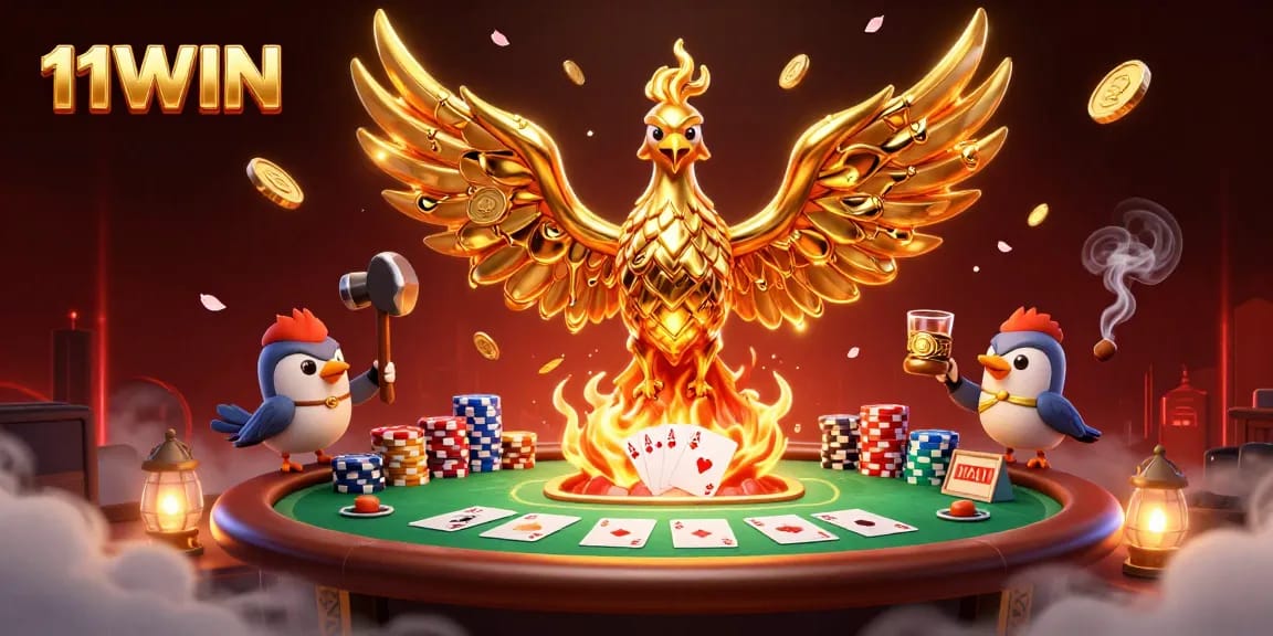 Experience the thrilling world of 11WIN with a molten gold phoenix and dynamic poker elements.