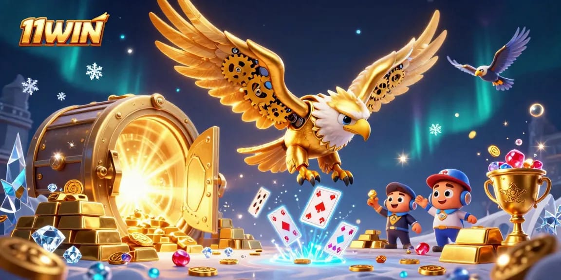 Experience the thrill of 11WIN with golden treasures and engaging gameplay elements in a vibrant, 3D illustration.