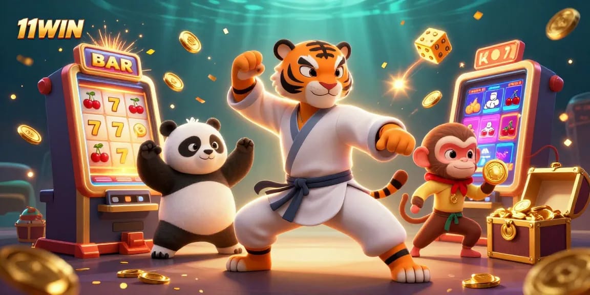 11WIN showcases dynamic 3D cartoon characters amid a vibrant casino backdrop, engaging in luck-filled action.