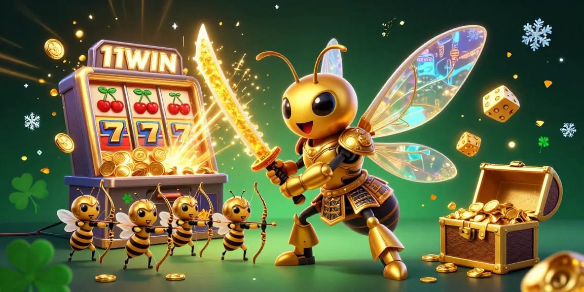 Engage with the vibrant 11WIN gaming scene, featuring slot machines and jubilant elements.