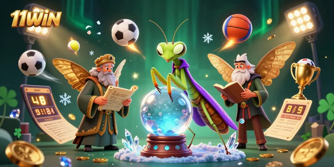 Engage with 11WIN's vibrant casino scene showcasing dynamic sports elements and magical characters.