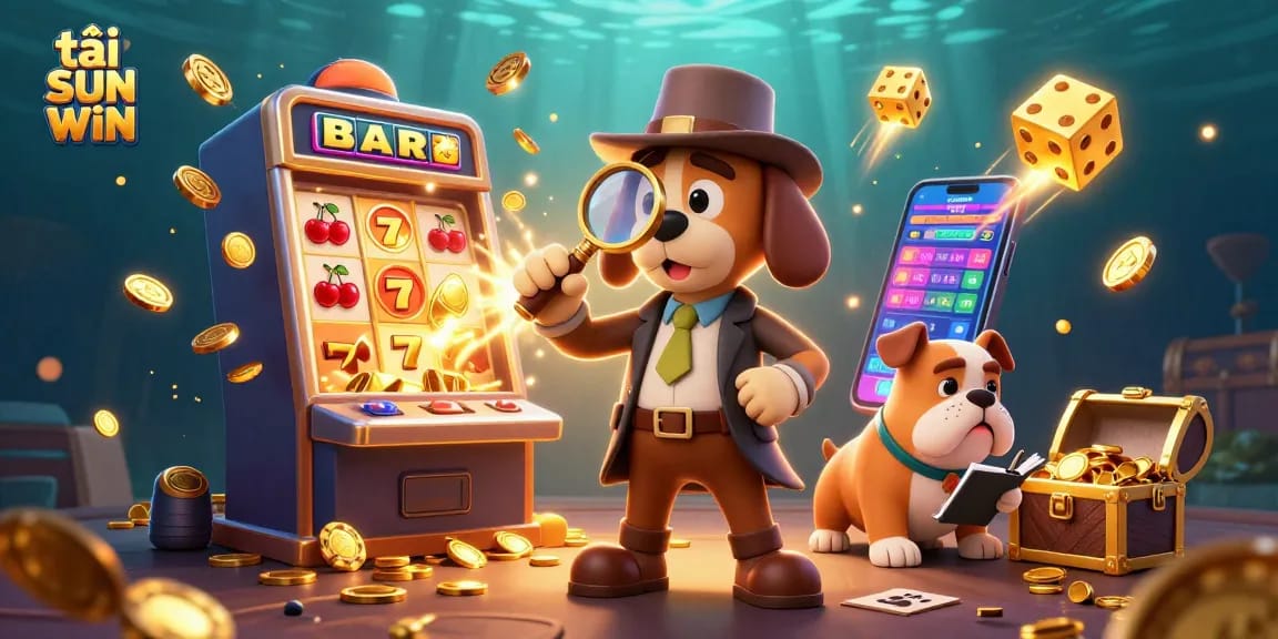 Engage in thrilling games at tải sun win with cartoon detectives discovering treasure amidst bursting slot machines.