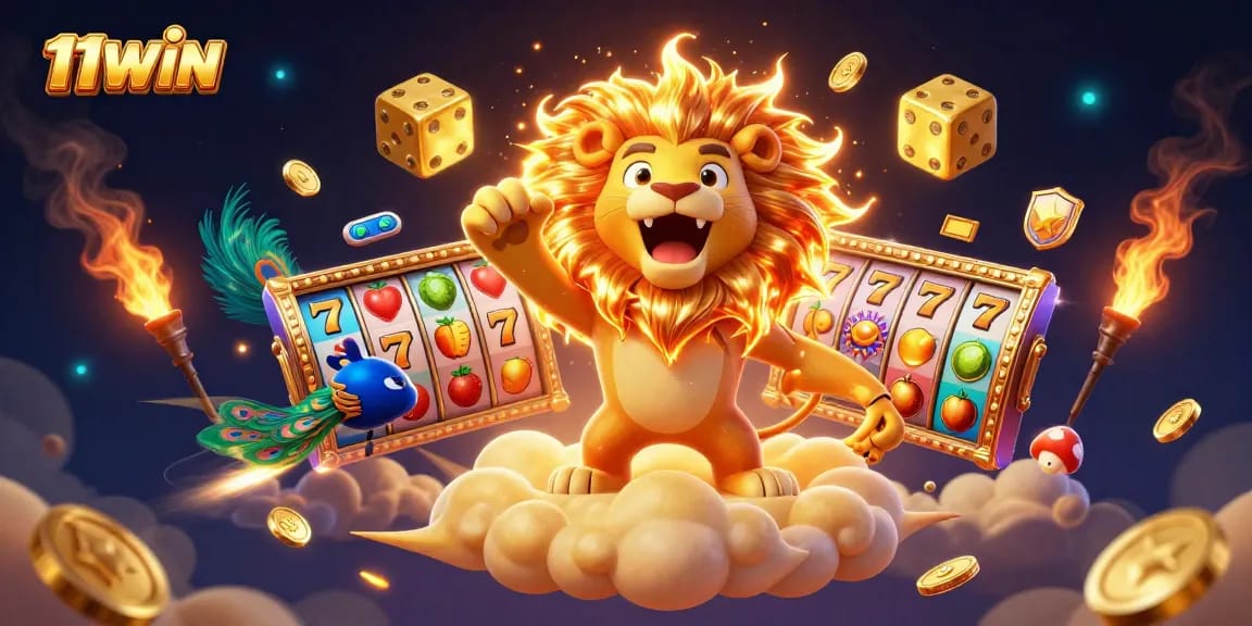 Experience the thrill of winning with 11WIN's vibrant casino adventure, featuring roaring characters and colorful games.