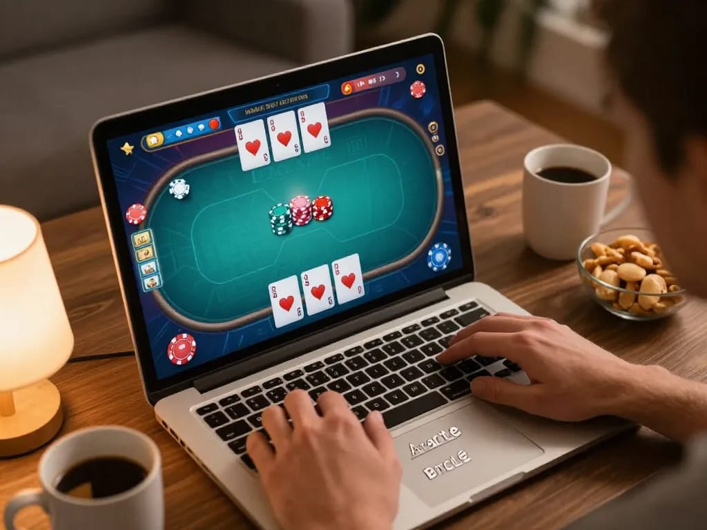 Engaging player navigating cm88seo online poker game, showcasing strategic home setup and cozy atmosphere.
