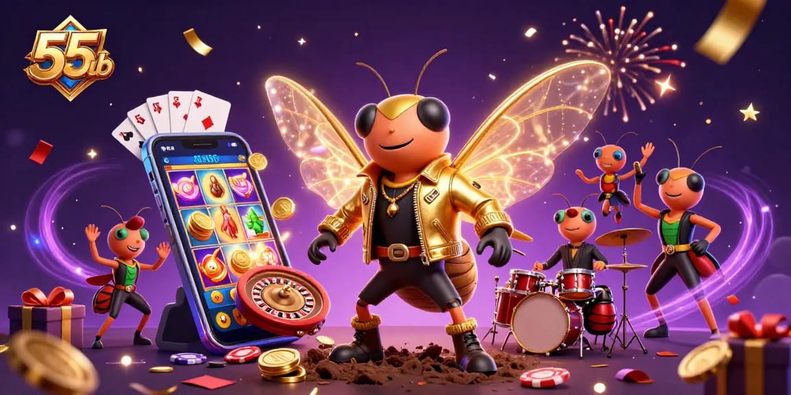 Engage with 55club's thrilling casino adventure featuring cartoon rock stars and vibrant game elements.