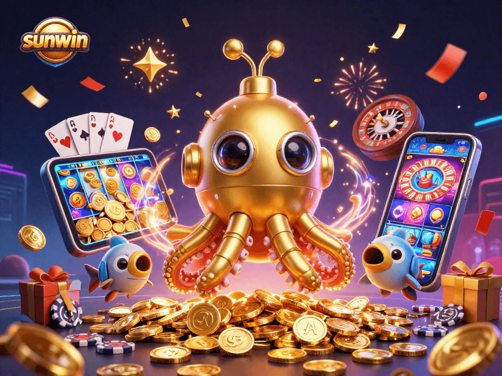 Experience the thrill of sunwin with the golden kraken submarine amidst a dynamic casino scene.