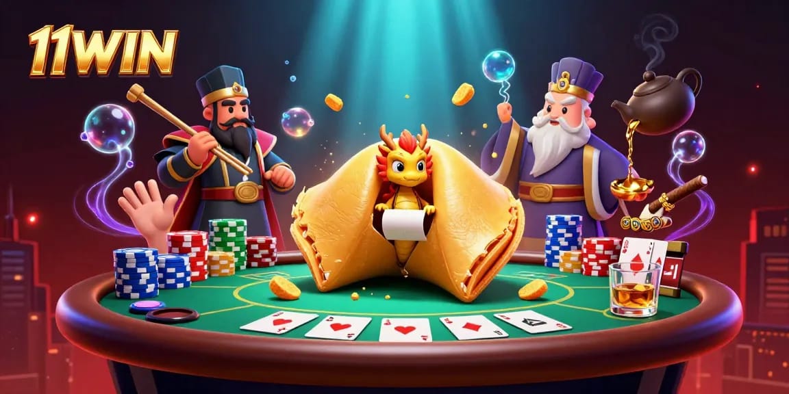 Win big with 11WIN casino's vibrant 3D illustration featuring fortune cookie and poker elements.
