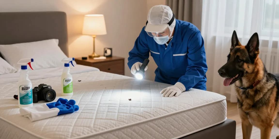 Bed bug pest control in action, exterminator inspecting mattress with K9 detection dog in a clean home environment.