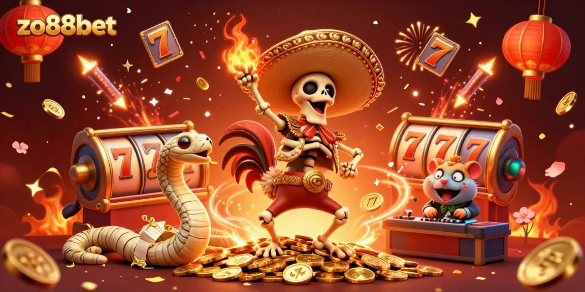 Experience thrilling wins at zo88bet with a festive 3D casino scene featuring vibrant characters and dynamic gaming elements.