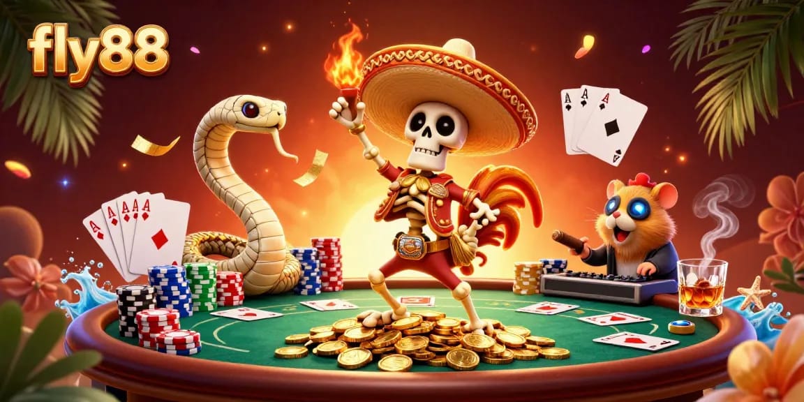 Experience the thrill with fly88 as the cartoon skeleton rooster and friends celebrate among golden coins and poker vibes.