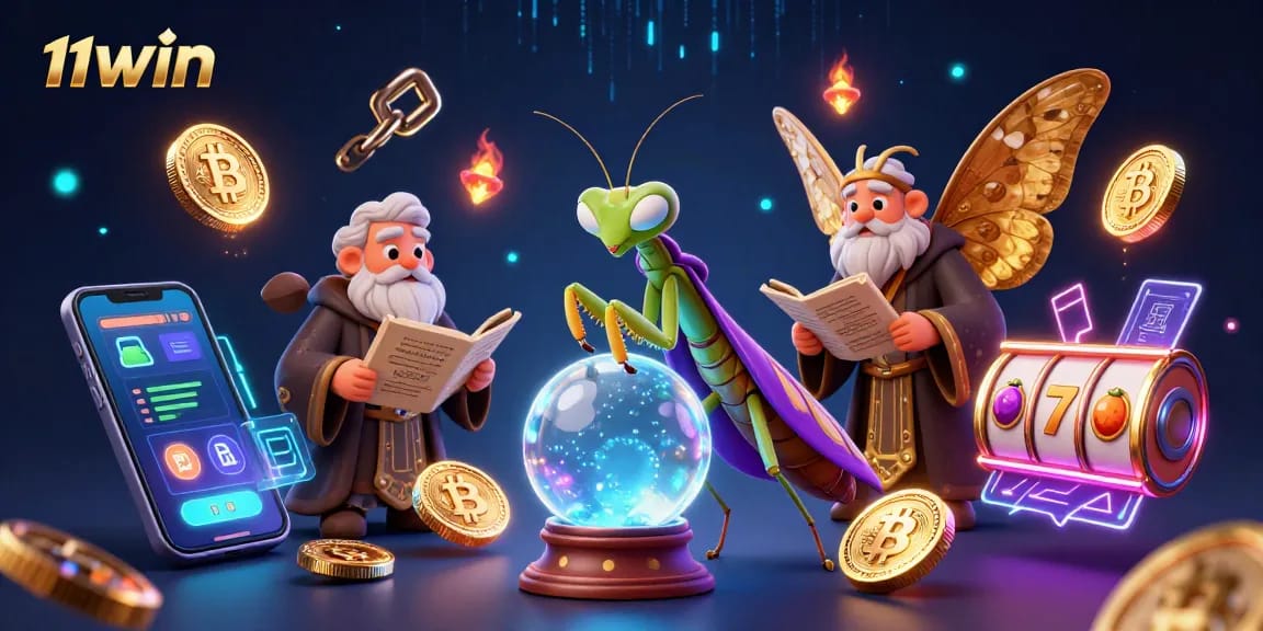 Engage with 11WIN’s vibrant 3D casino illustration featuring a fortune teller, digital coins, and slot elements.