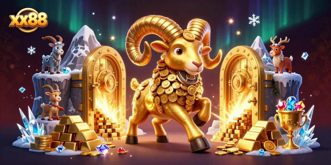 Experience exciting wins at xx88 with a dynamic golden ram charging through treasure and jewels.