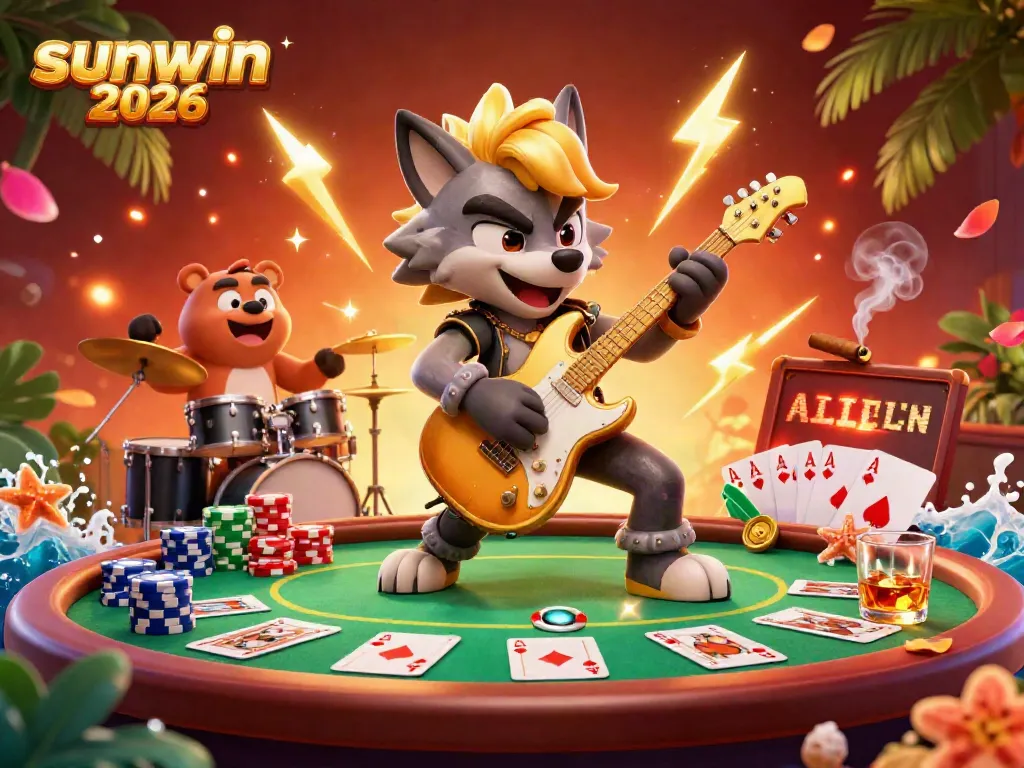 Experience thrilling gaming action at sunwin 2026, where a rock star wolf plays amidst vibrant casino elements.