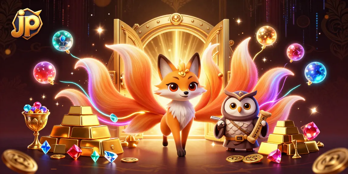 Spin the jackpots with jp's enchanting nine-tailed fox and wise owl amidst glittering treasures.