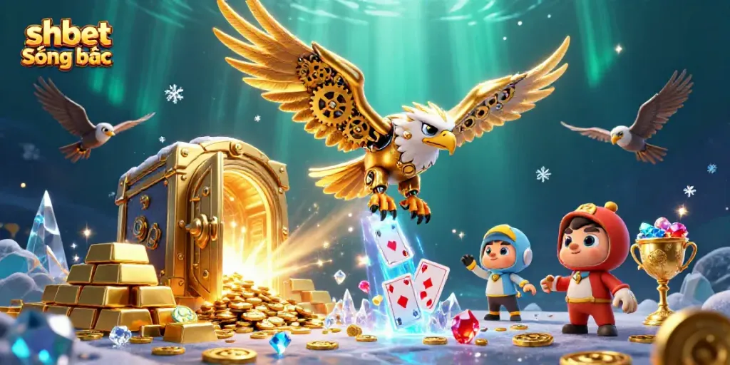 Engage with shbet Sòng bạc as a golden eagle dives through holographic cards amidst riches.