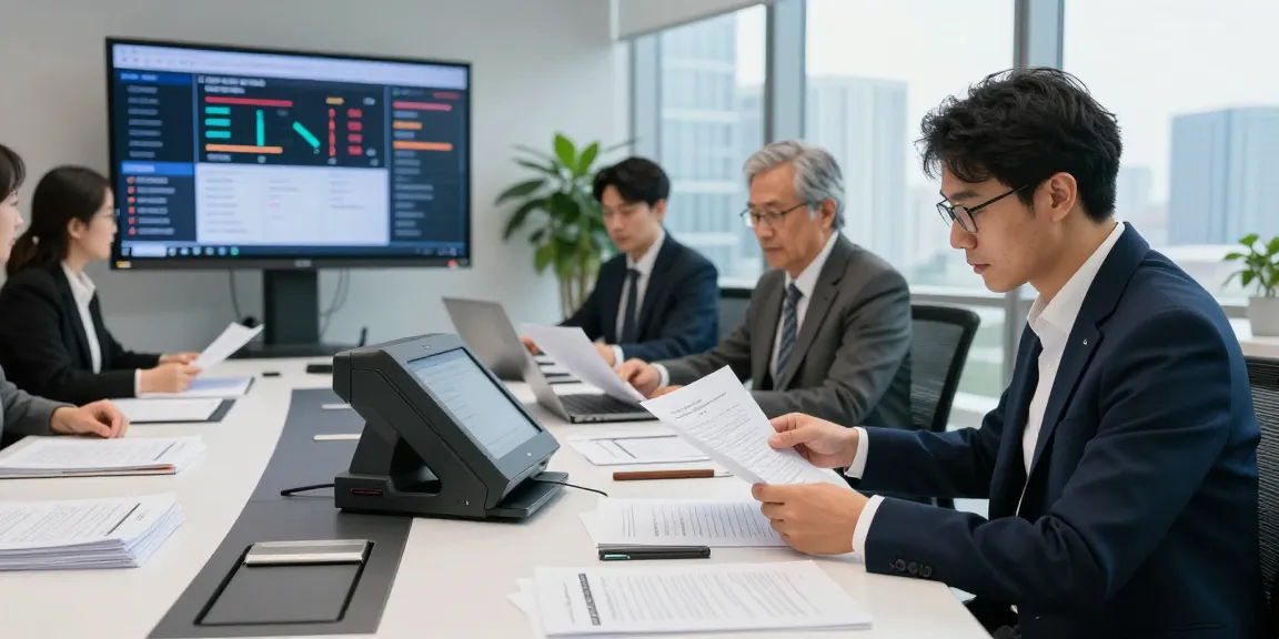Document fraud detection in an office with a team analyzing papers and digital alerts.