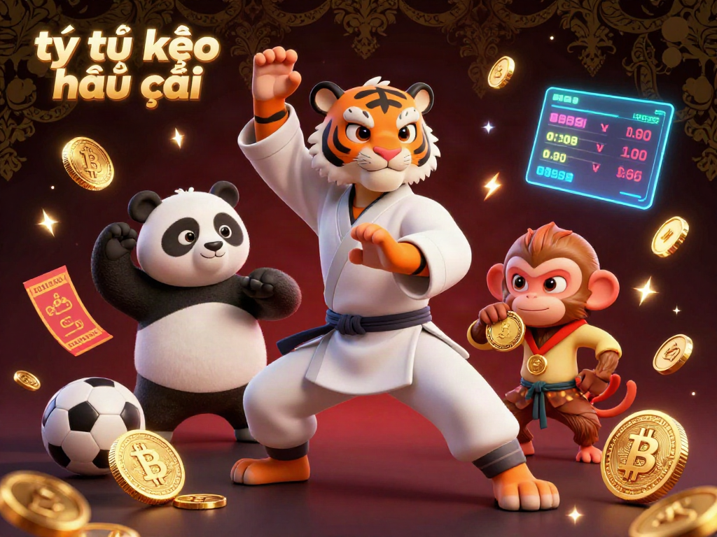 Tỷ lệ kèo nhà cái showcased with an energetic scene of characters and sports betting elements, enhancing the gambling experience.