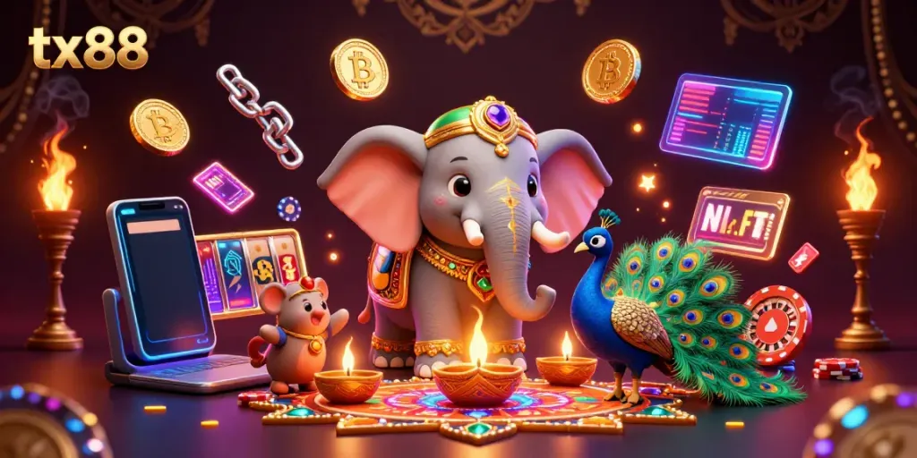 Experience thrilling gaming at tx88 with vibrant casino visuals and popular crypto elements in a dynamic illustration.