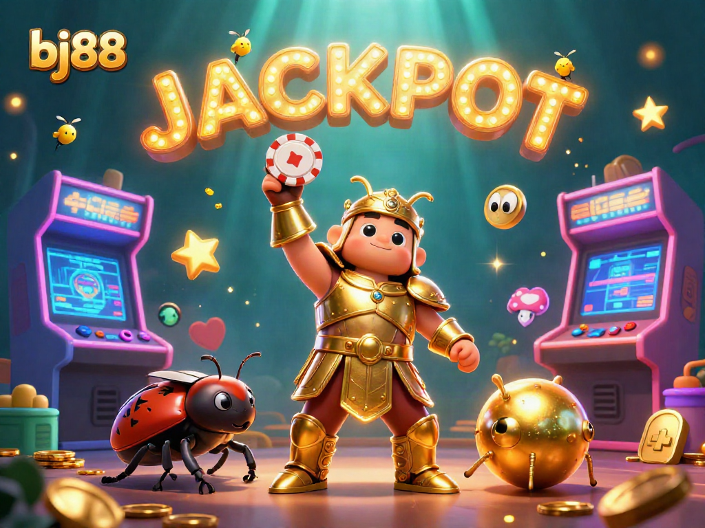 Experience bj88's thrilling jackpot with a cartoon beetle hero celebrating victory in a vibrant casino scene.