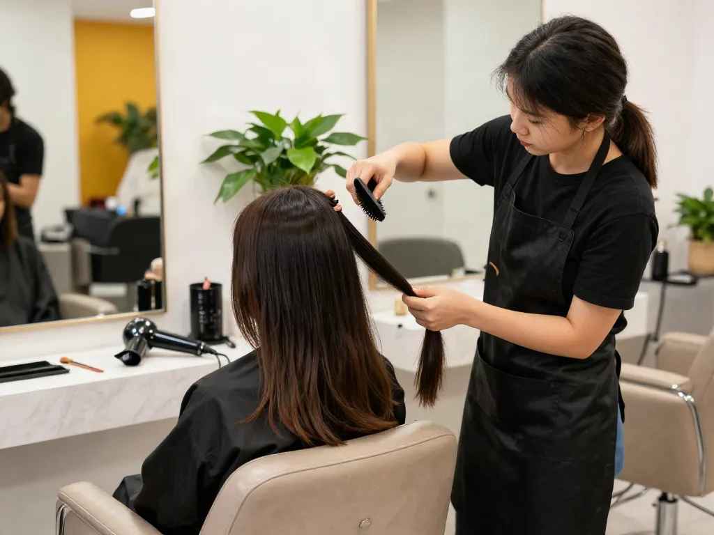 Tape extensions for thin hair being applied in a modern salon setting.