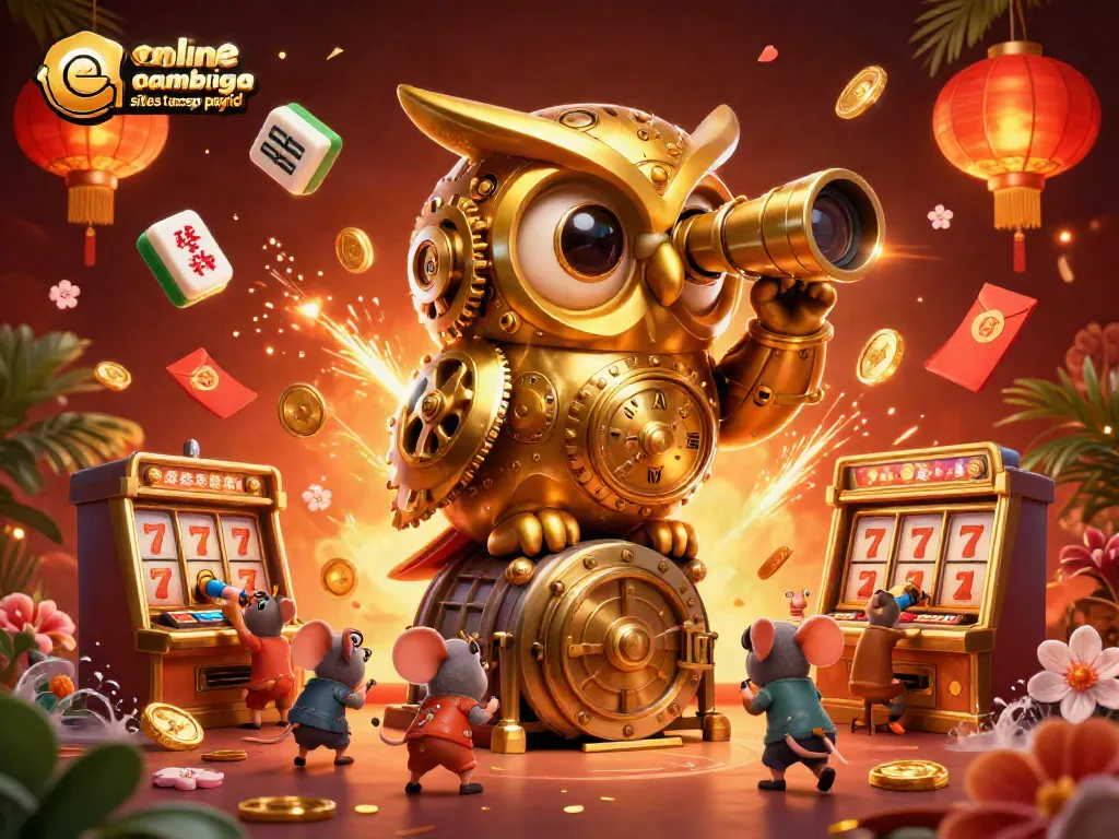 Engage with top online gambling sites that accept payid featuring a golden owl in a vibrant casino scene.