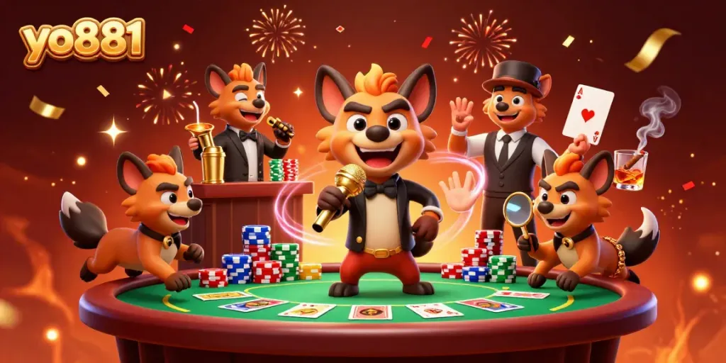 Experience thrilling entertainment at yo881 with vibrant hyena characters in a dynamic casino scene.