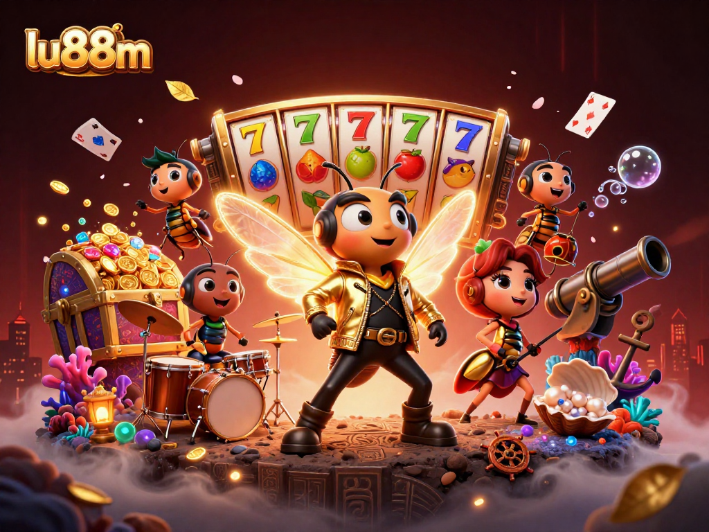 lu88m offers a vibrant 3D casino scene with a rock star cicada and exciting gaming elements